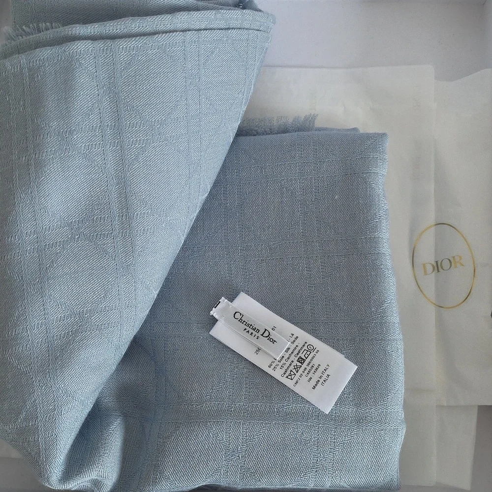 CHRISTIAN DIOR | Cannage Jacquard Large Scarf Shawl blue silk cashmere